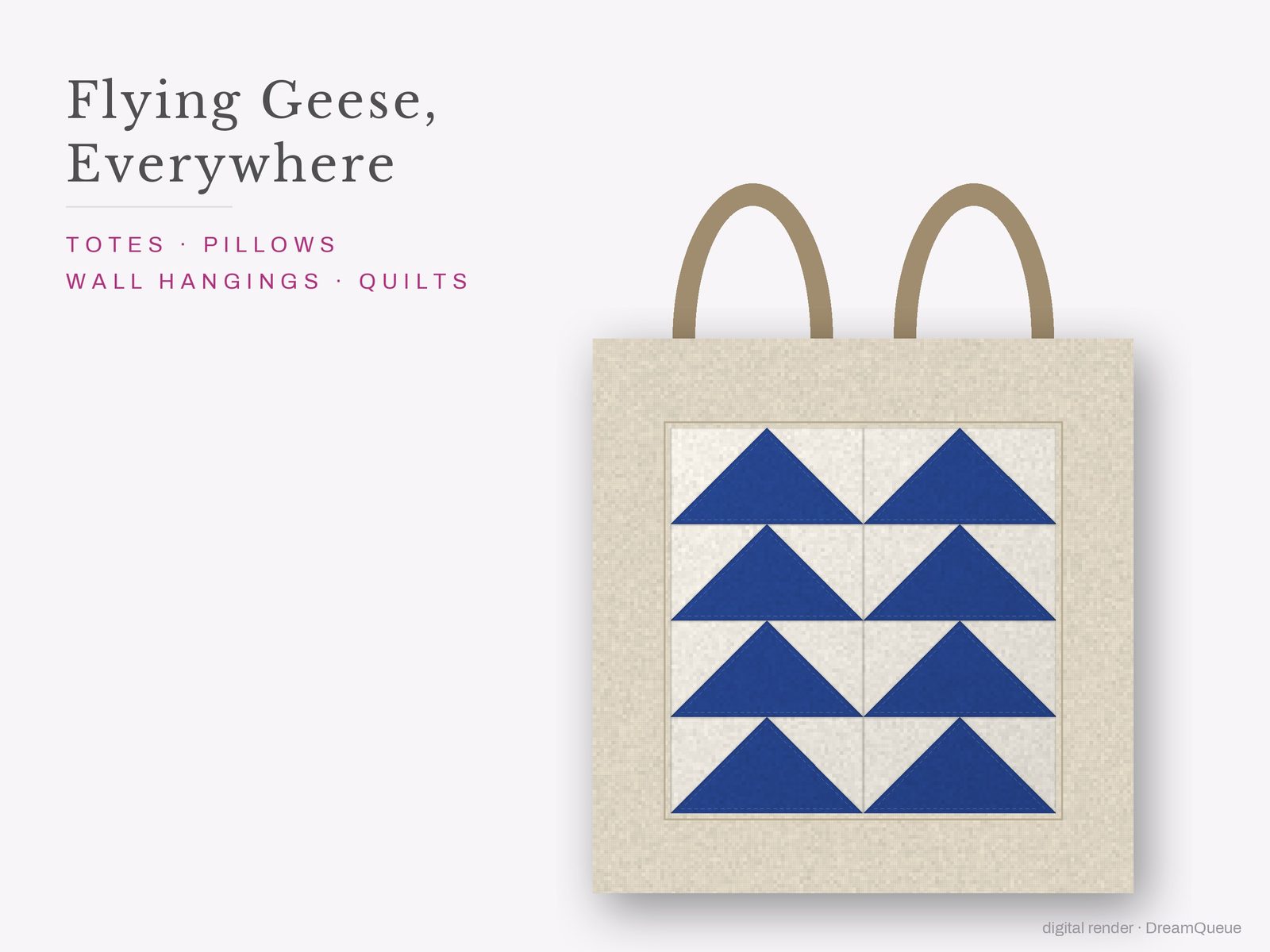 The Flying Geese quilt block sewn into a tote bag, one idea for totes, pillows, wall hangings and quilts