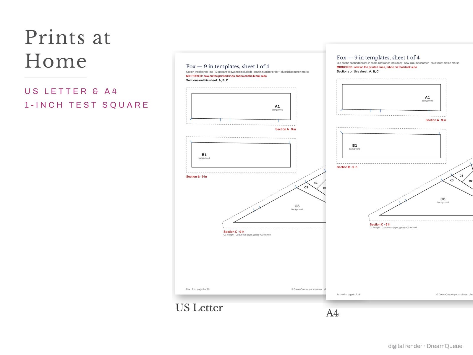 Fox: Fox quilt block templates printed on US Letter and A4 paper with a 1-inch test square to check the print scale