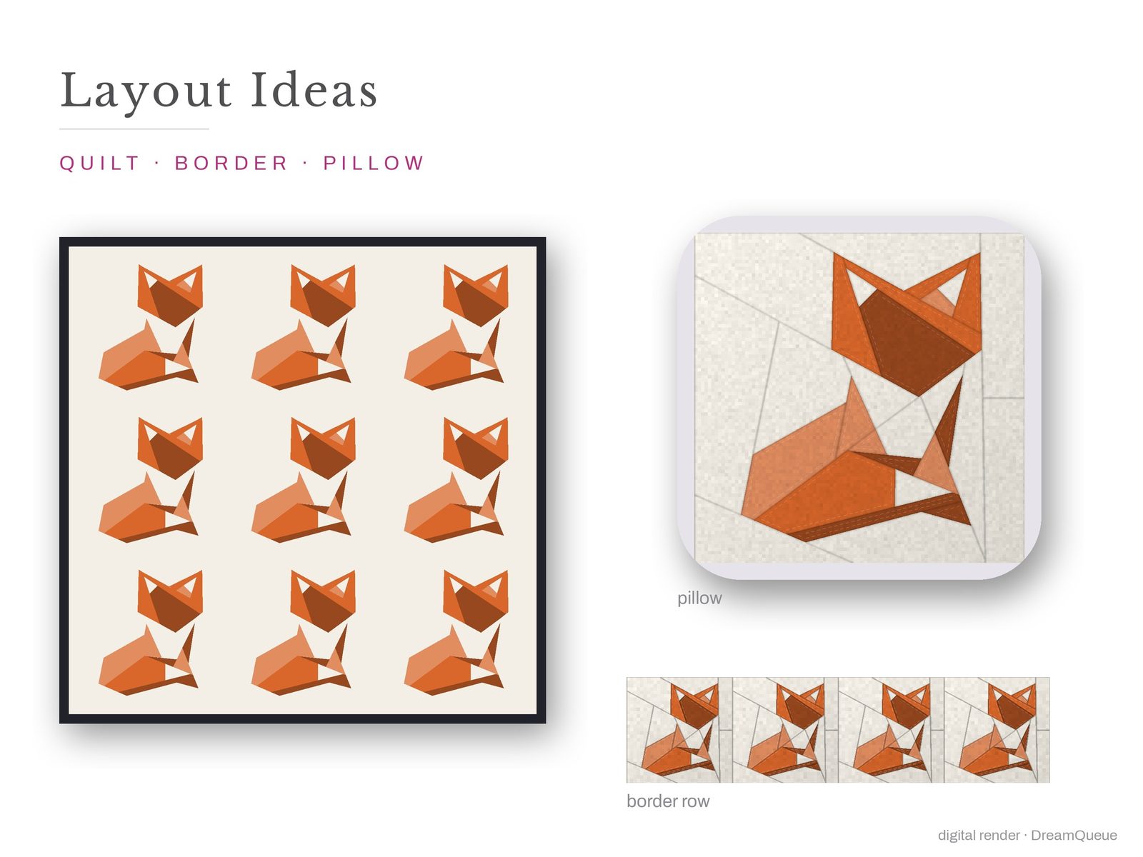 Fox: Layout ideas for the Fox quilt block: a full quilt, a border row and a pillow