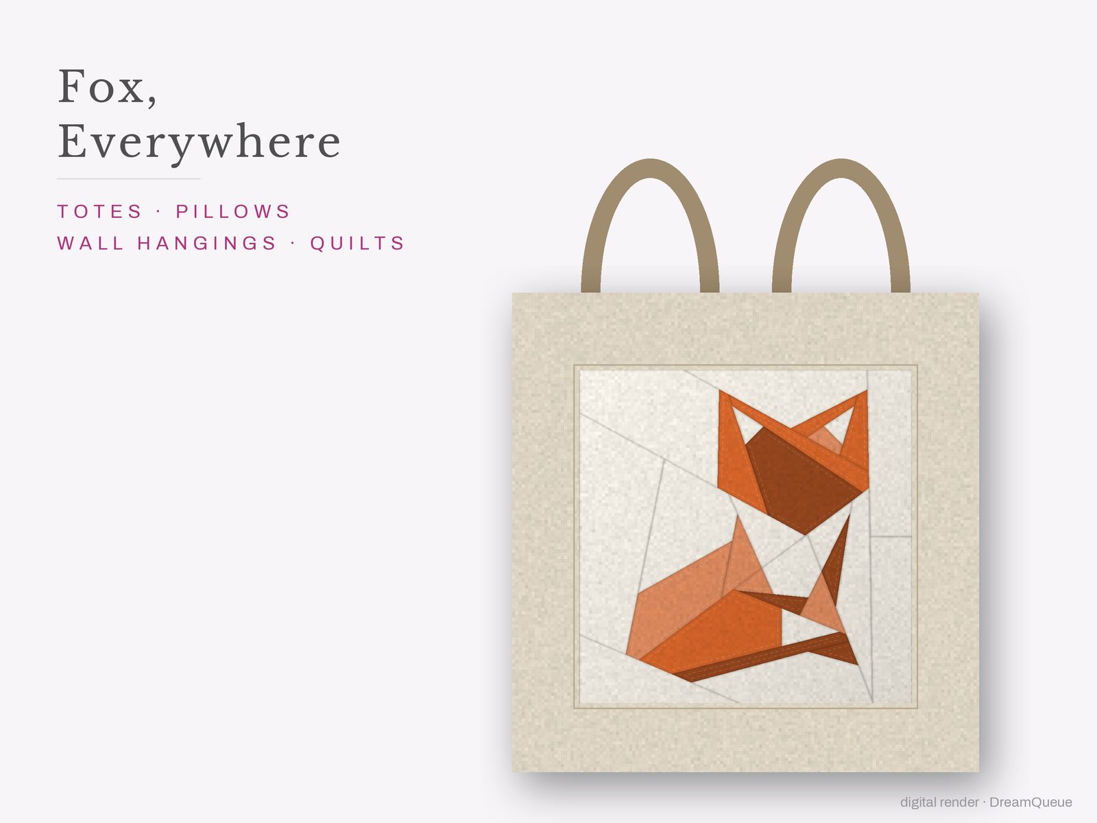 Fox: The Fox quilt block sewn into a tote bag, one idea for totes, pillows, wall hangings and quilts