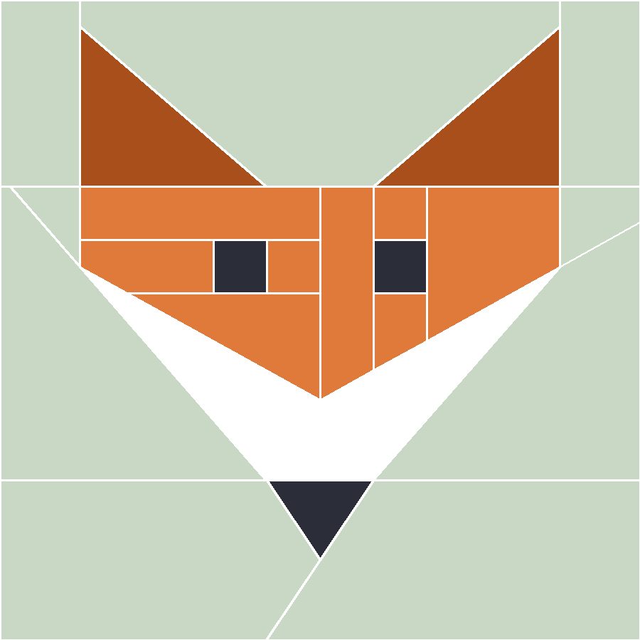 Fox Face Quilt Block Pattern with every seam line shown