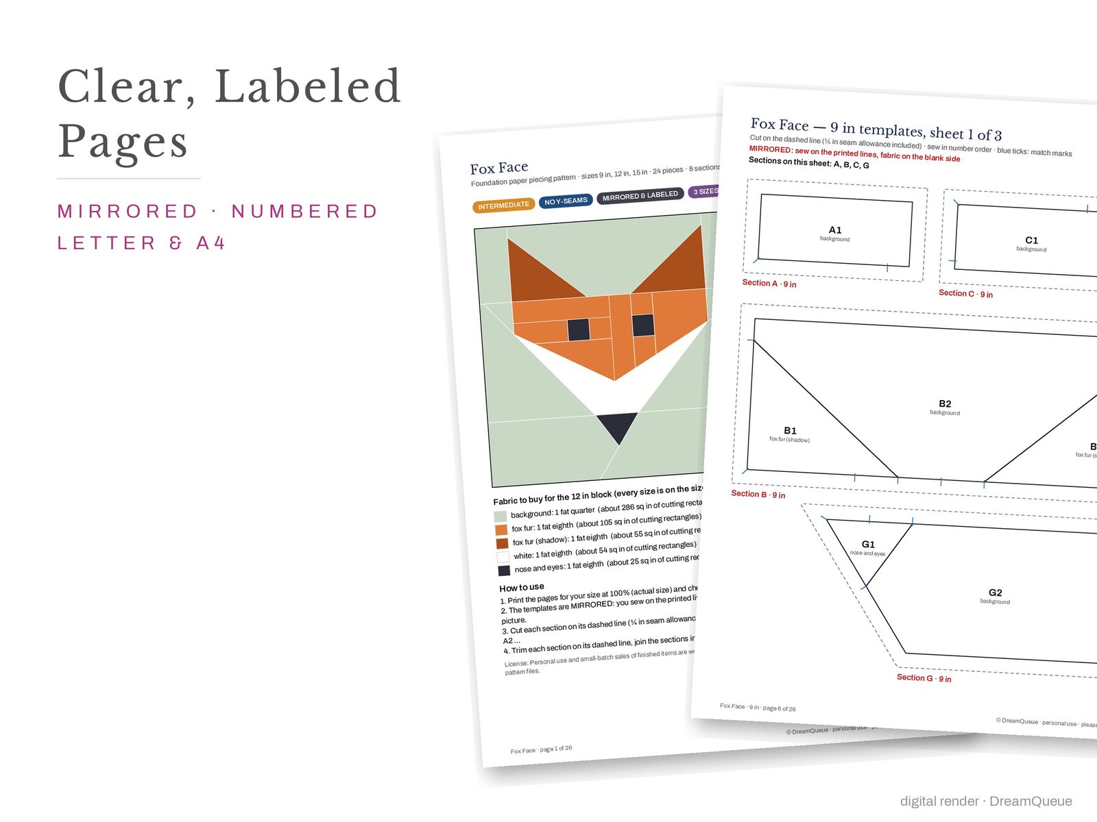 Cover page and a mirrored, numbered template sheet from the Fox Face quilt block FPP pattern