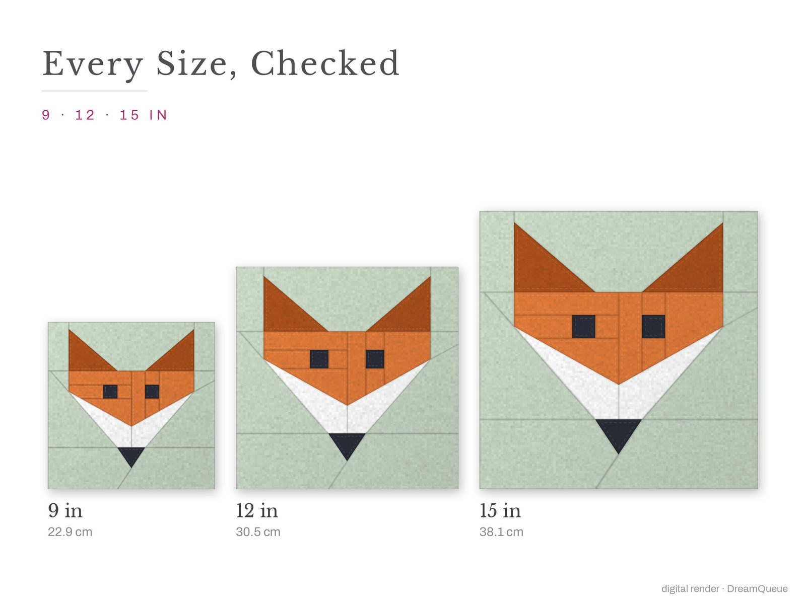 The Fox Face quilt block at every finished size: 9, 12 and 15 inch