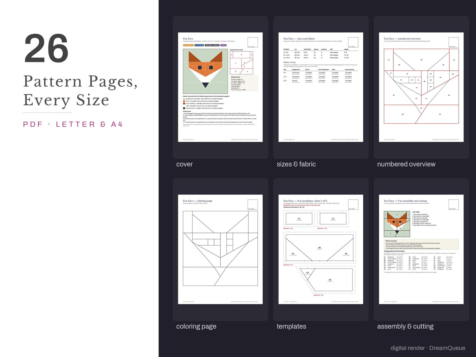 Thumbnails of the Fox Face quilt block pattern pages: cover, size and fabric chart, numbered overview, coloring page, templates, assembly and cutting chart