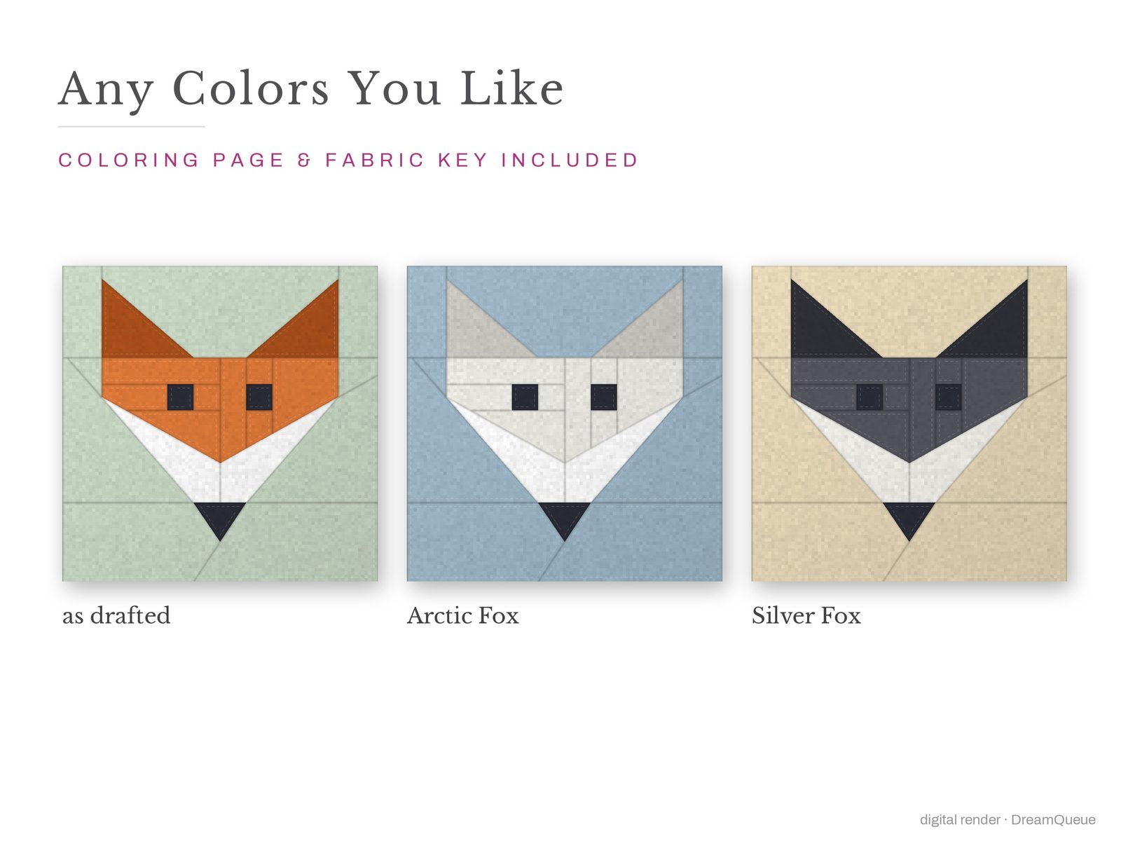 The Fox Face quilt block in three colorways, as drafted, pastel and jewel tones; a coloring page and fabric key are included