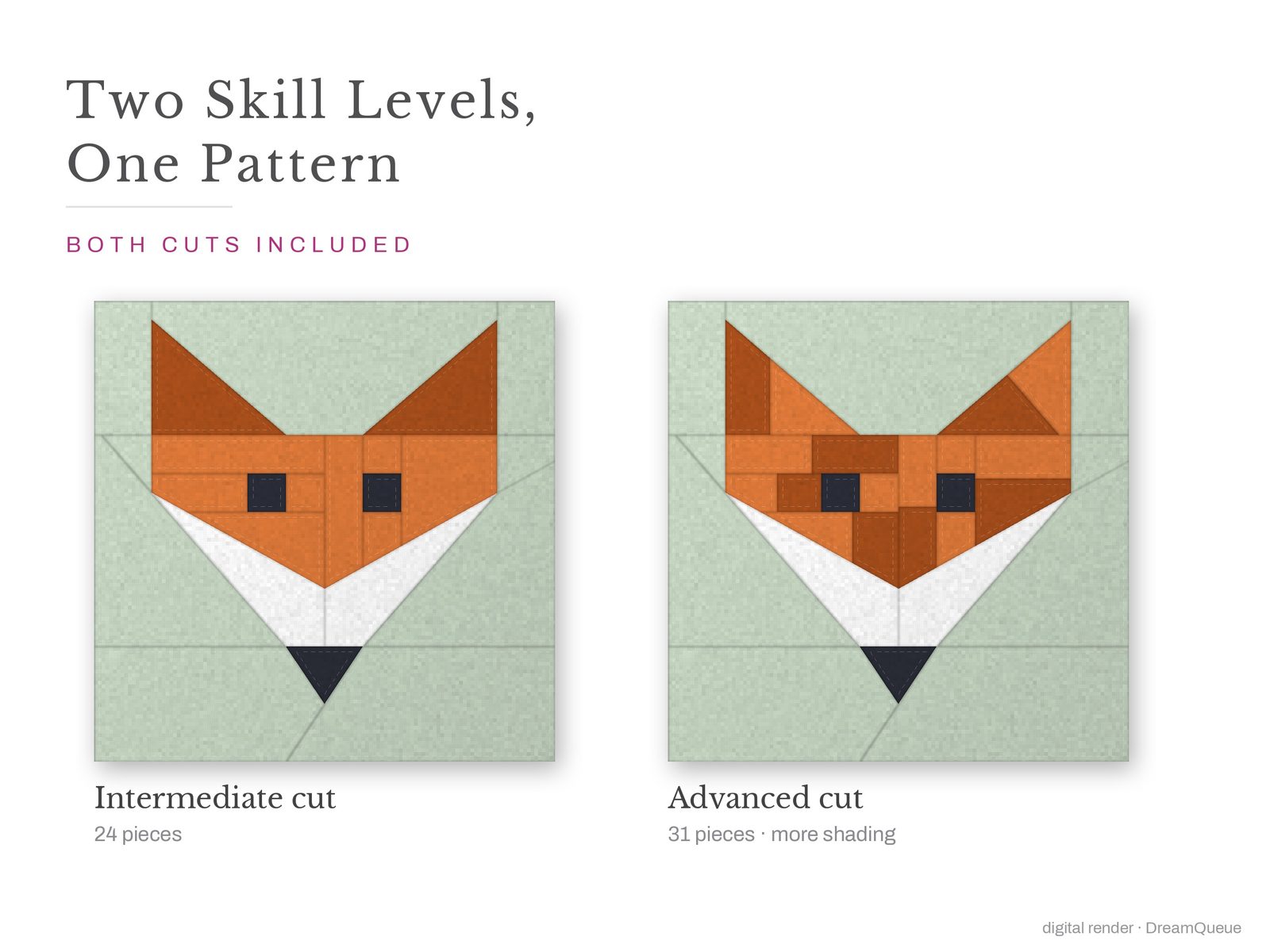 Fox Face: Skill level intermediate: no Y-seams, mirrored and labeled templates, every size checked, pieces numbered in sewing order, cutting chart and fabric to buy