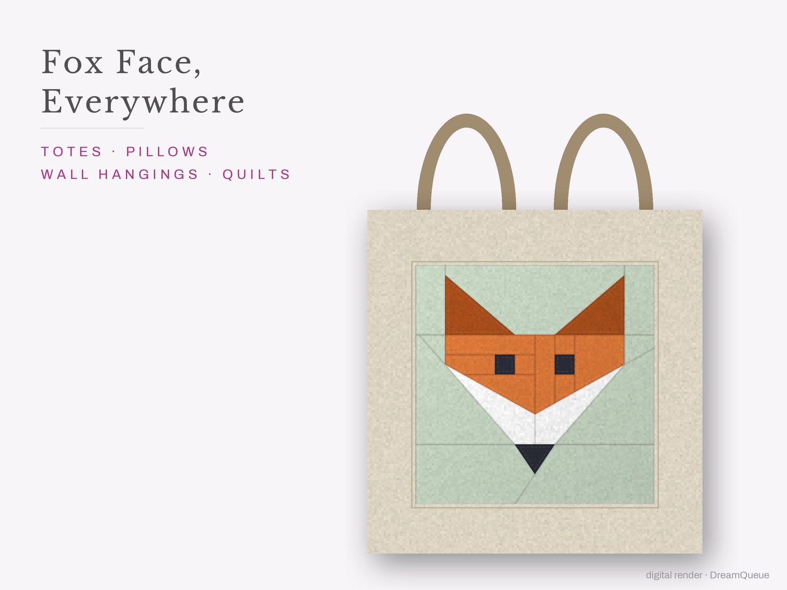 The Fox Face quilt block sewn into a tote bag, one idea for totes, pillows, wall hangings and quilts