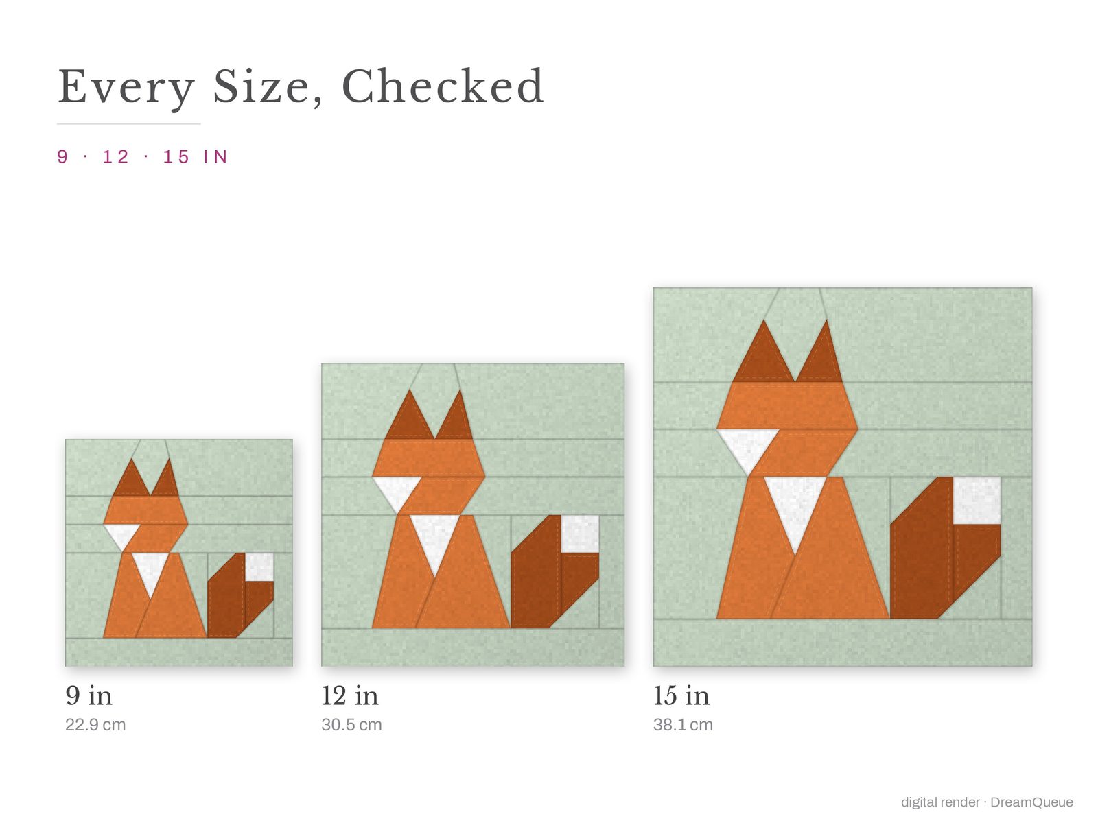 The Sitting Fox quilt block at every finished size: 9, 12 and 15 inch
