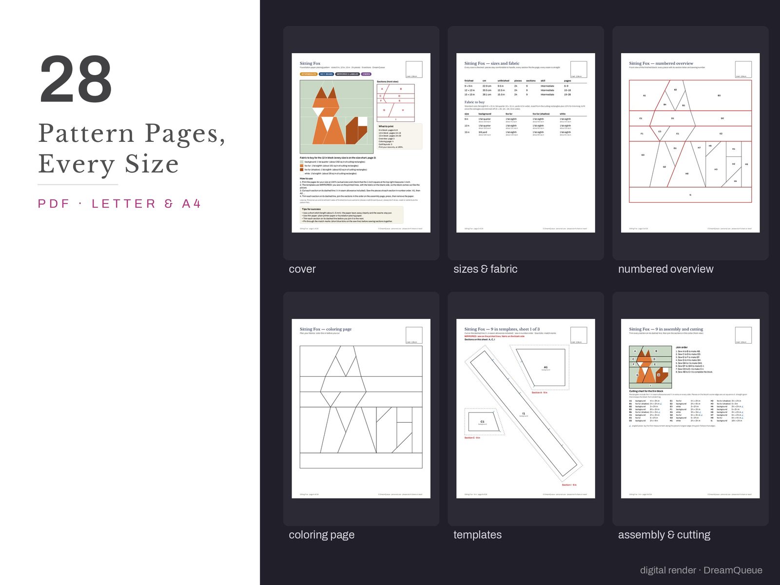 Thumbnails of the Sitting Fox quilt block pattern pages: cover, size and fabric chart, numbered overview, coloring page, templates, assembly and cutting chart