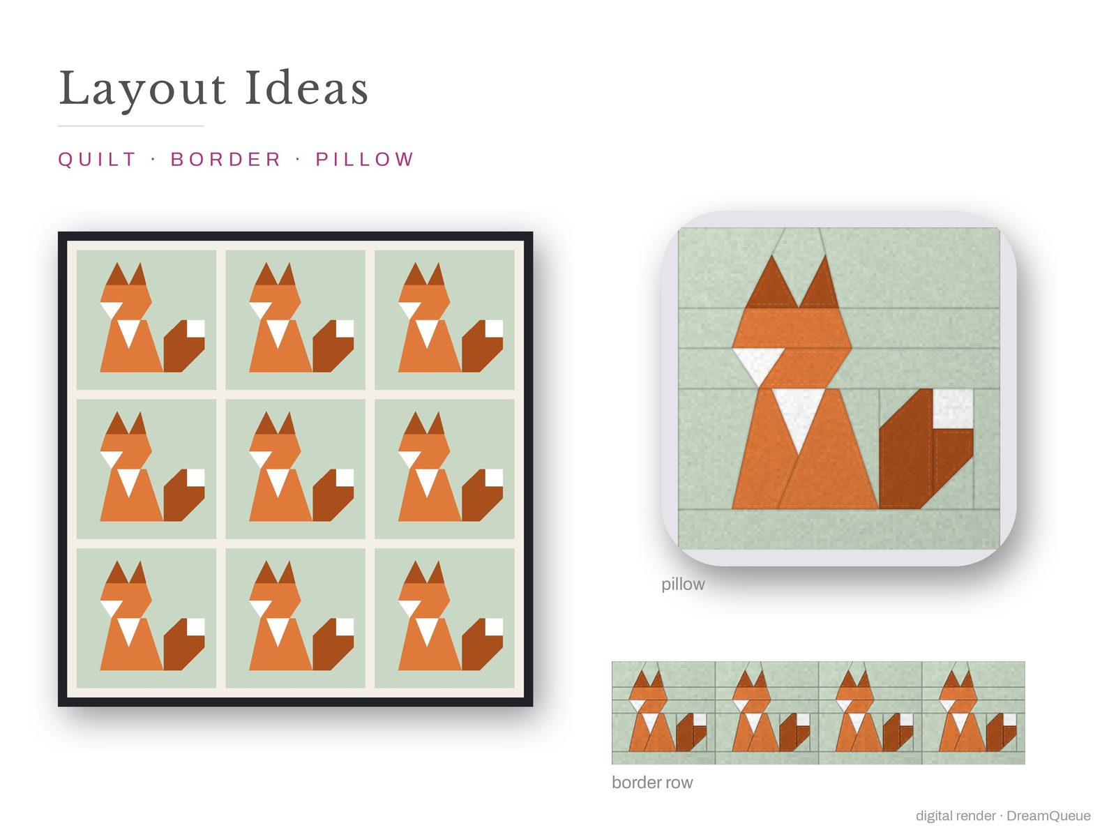 Layout ideas for the Sitting Fox quilt block: a full quilt, a border row and a pillow
