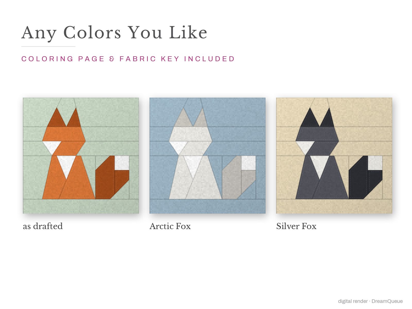 The Sitting Fox quilt block in three colorways, as drafted, pastel and jewel tones; a coloring page and fabric key are included