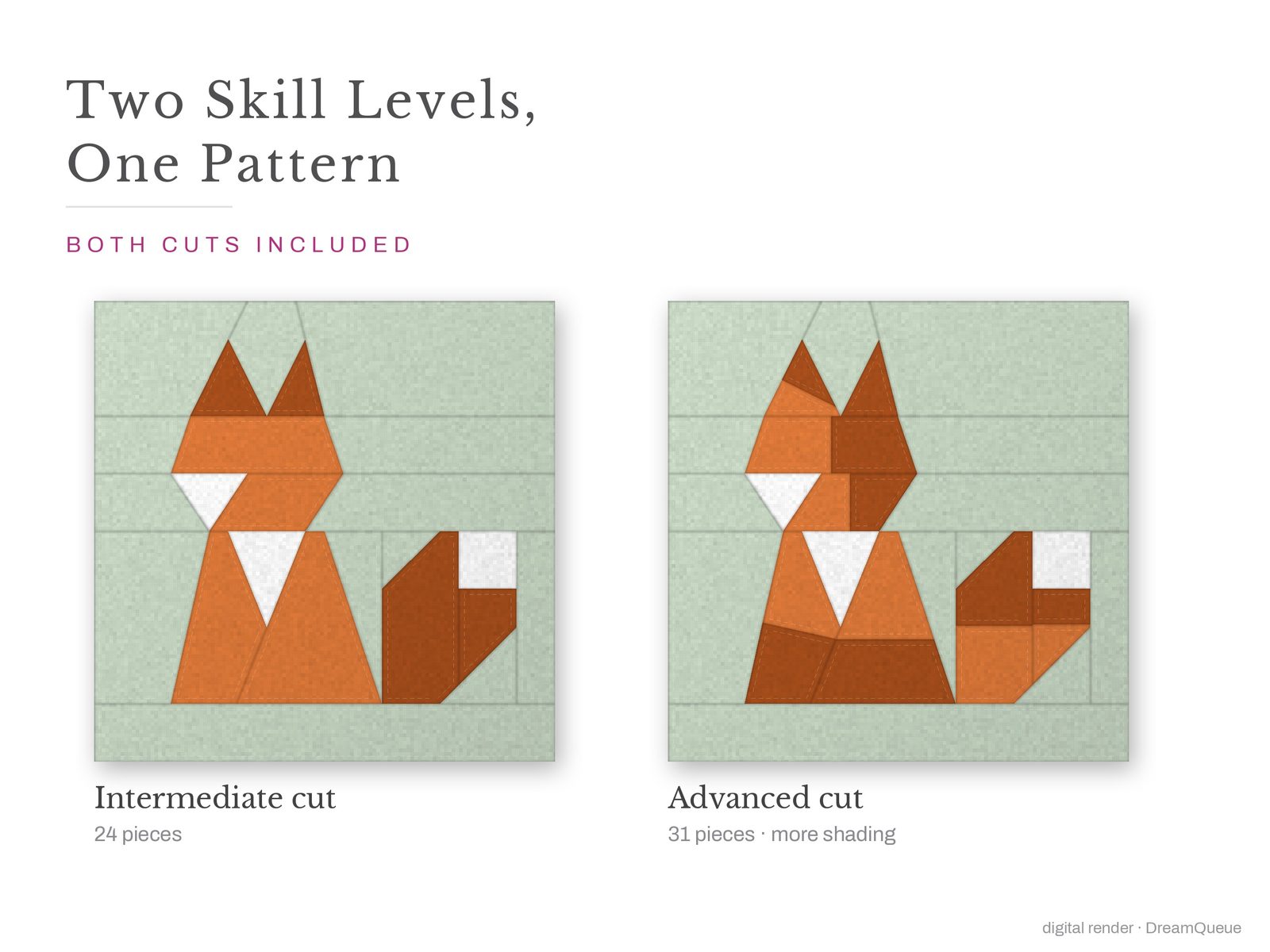 Sitting Fox: Skill level intermediate: no Y-seams, mirrored and labeled templates, every size checked, pieces numbered in sewing order, cutting chart and fabric to buy