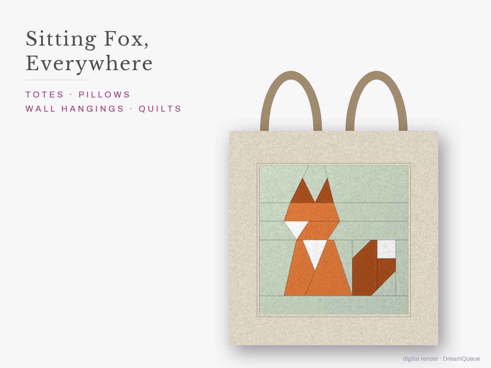 The Sitting Fox quilt block sewn into a tote bag, one idea for totes, pillows, wall hangings and quilts