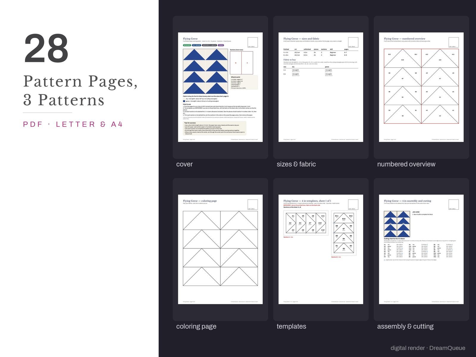 Thumbnails of the Traditional bundle of 3 quilt blocks pattern pages: cover, size and fabric chart, numbered overview, coloring page, templates, assembly and cutting chart