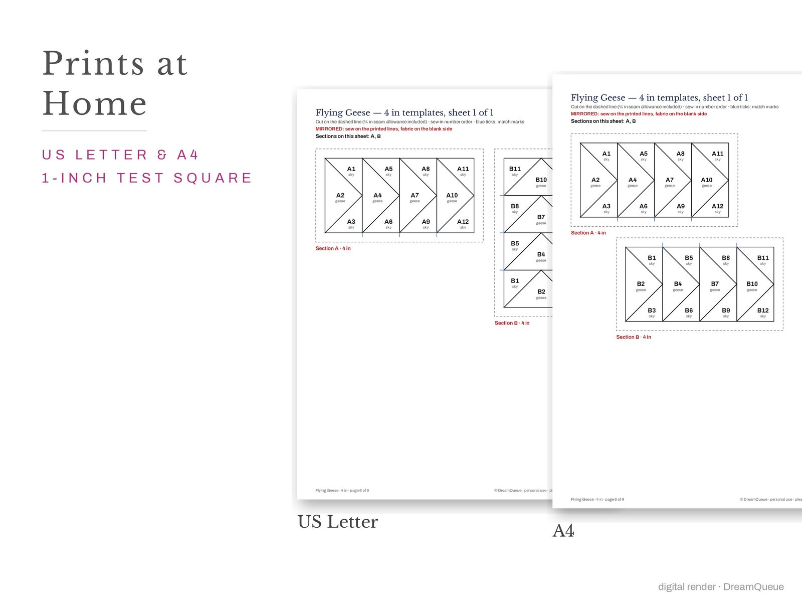 Traditional bundle of 3 quilt blocks templates printed on US Letter and A4 paper with a 1-inch test square to check the print scale