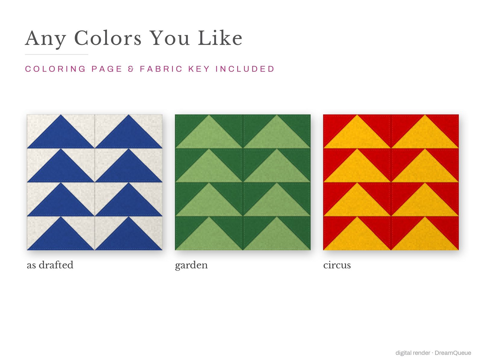 The Traditional bundle of 3 quilt blocks in three colorways, as drafted, pastel and jewel tones; a coloring page and fabric key are included