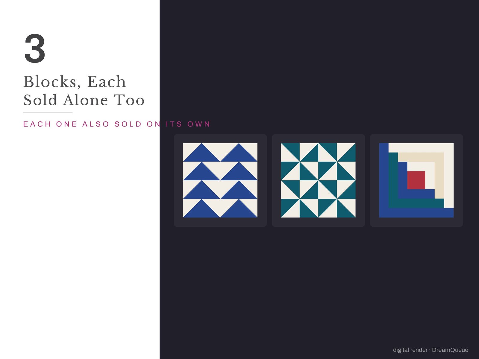 All 3 blocks in the Traditional bundle: Flying Geese, Half-Square Triangles, Log Cabin; each is also sold on its own