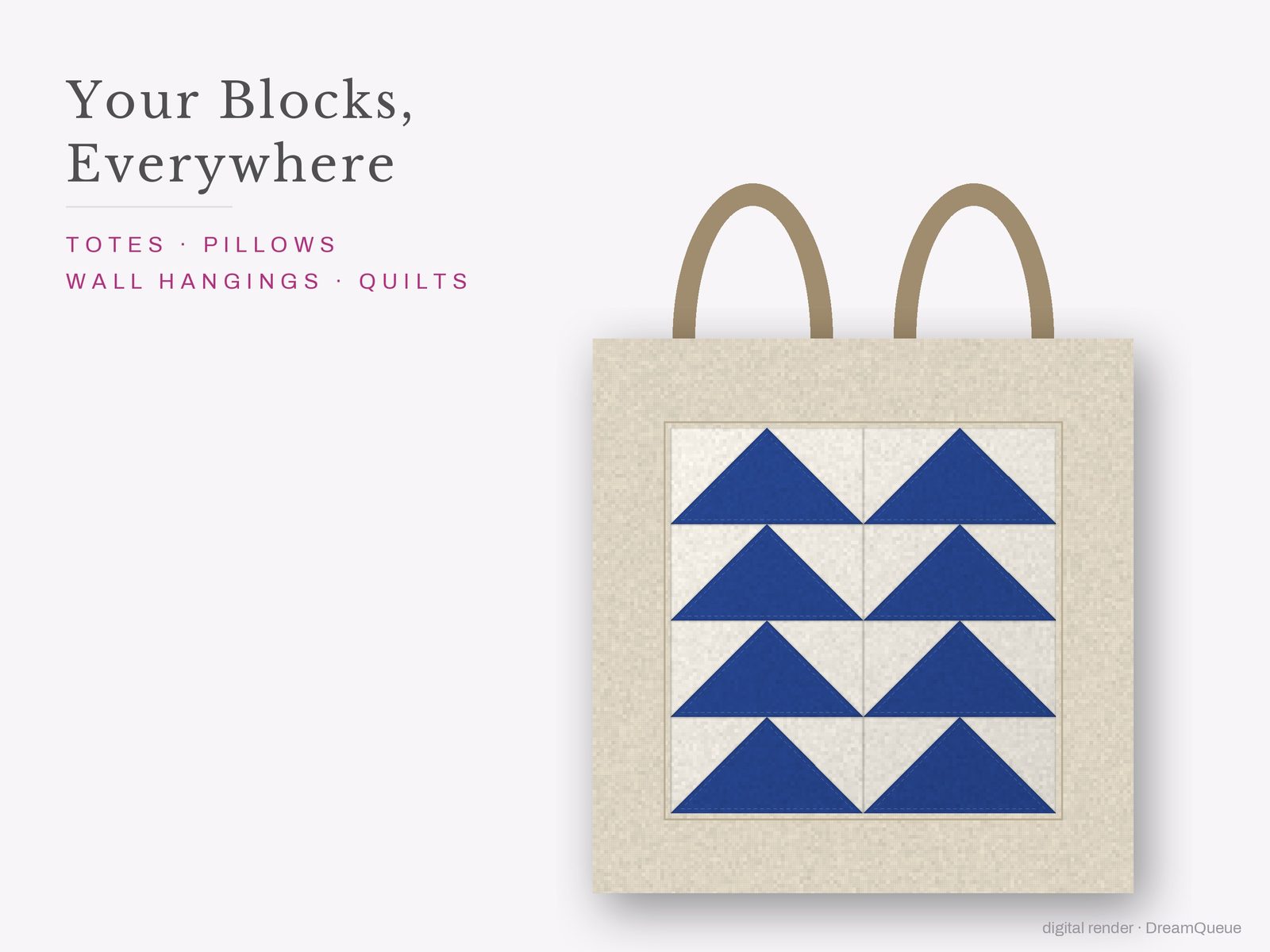 The Traditional bundle of 3 quilt blocks sewn into a tote bag, one idea for totes, pillows, wall hangings and quilts