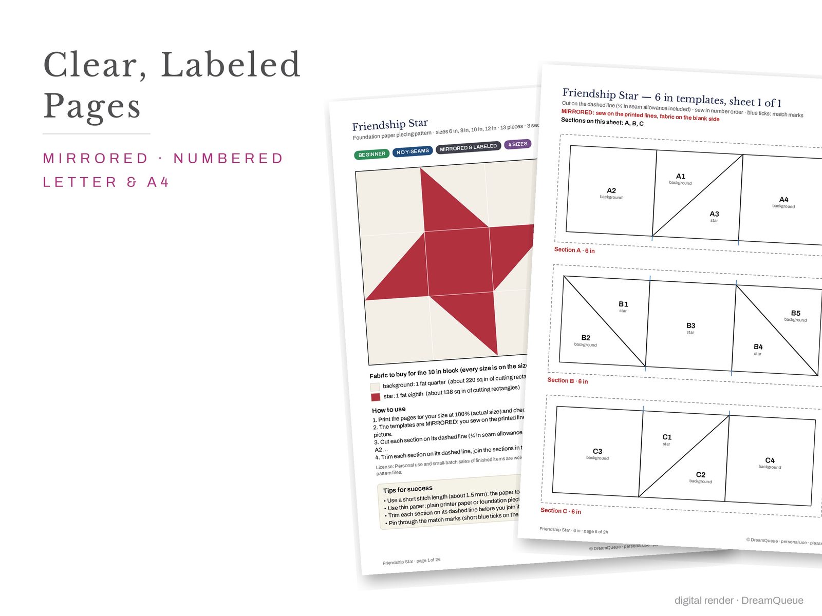 Cover page and a mirrored, numbered template sheet from the Friendship Star quilt block FPP pattern