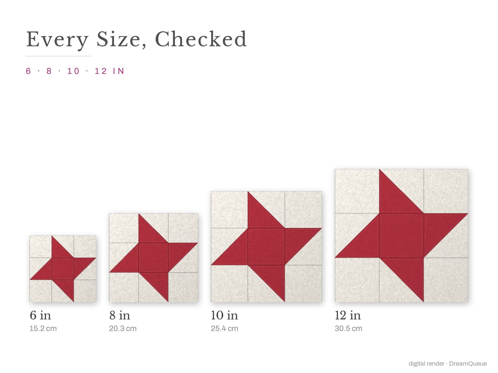 The Friendship Star quilt block at every finished size: 6, 8, 10 and 12 inch