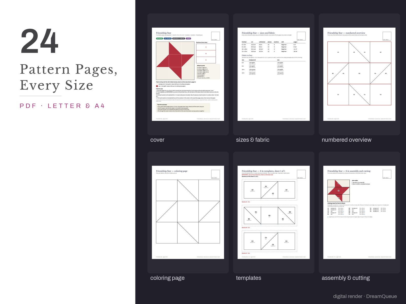 Thumbnails of the Friendship Star quilt block pattern pages: cover, size and fabric chart, numbered overview, coloring page, templates, assembly and cutting chart