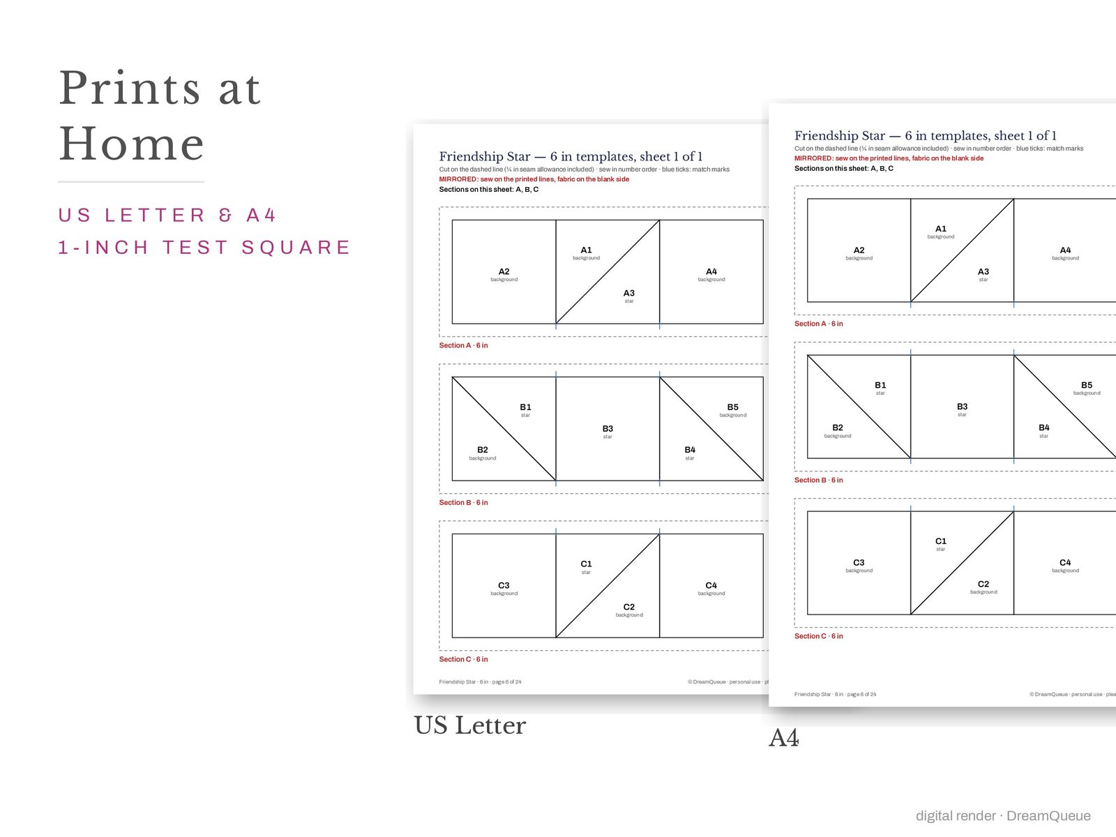 Friendship star quilt block templates printed on US Letter and A4 paper with a 1-inch test square to check the print scale