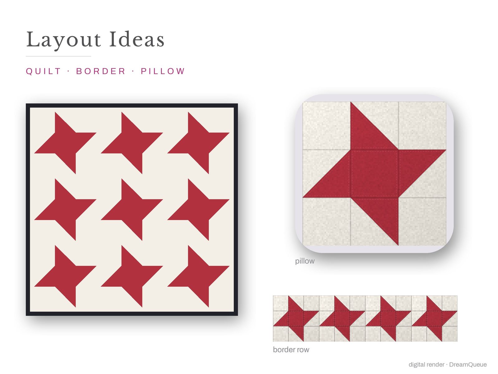 Layout ideas for the Friendship Star quilt block: a full quilt, a border row and a pillow
