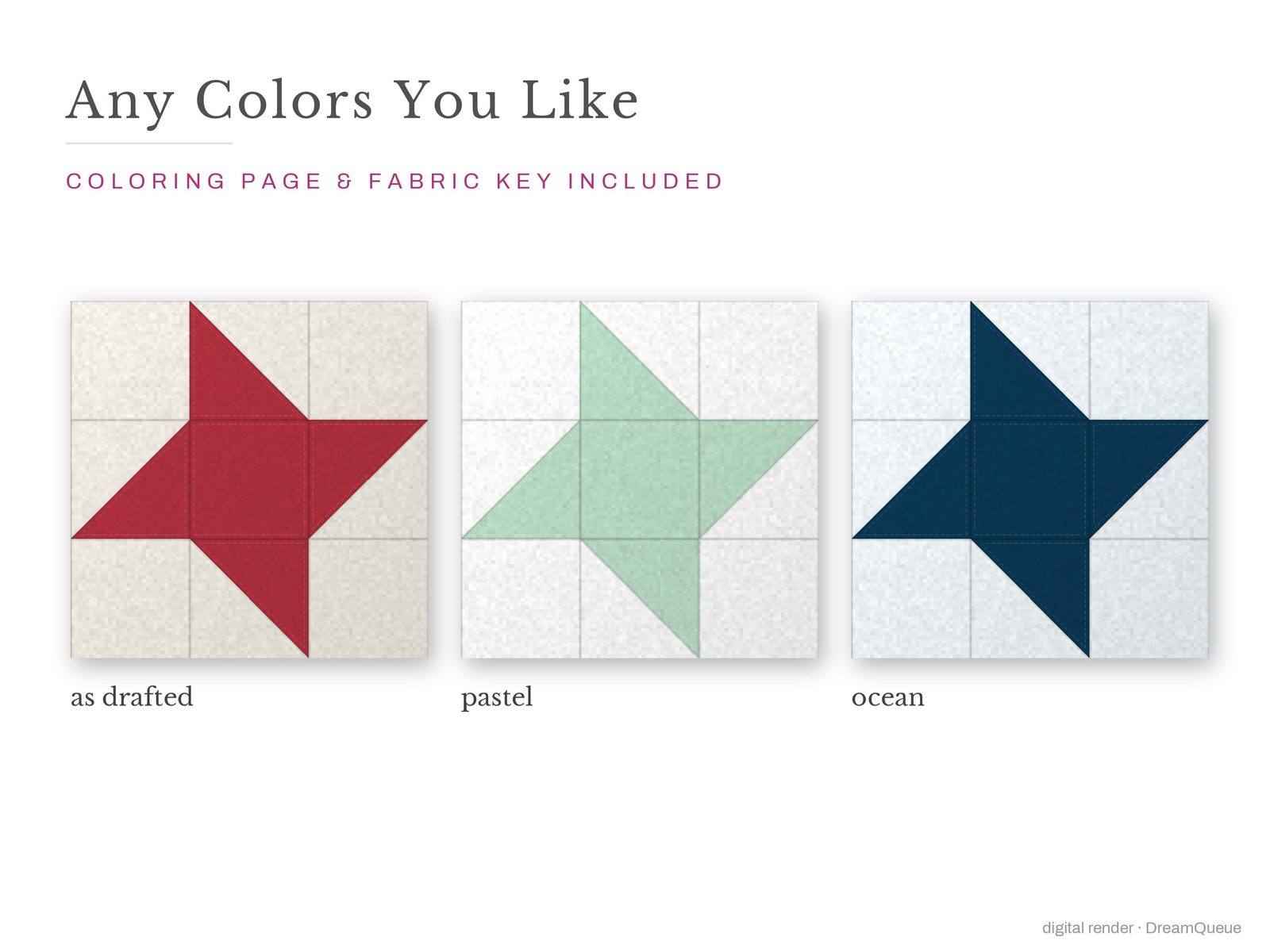 The Friendship Star quilt block in three colorways, as drafted, pastel and jewel tones; a coloring page and fabric key are included