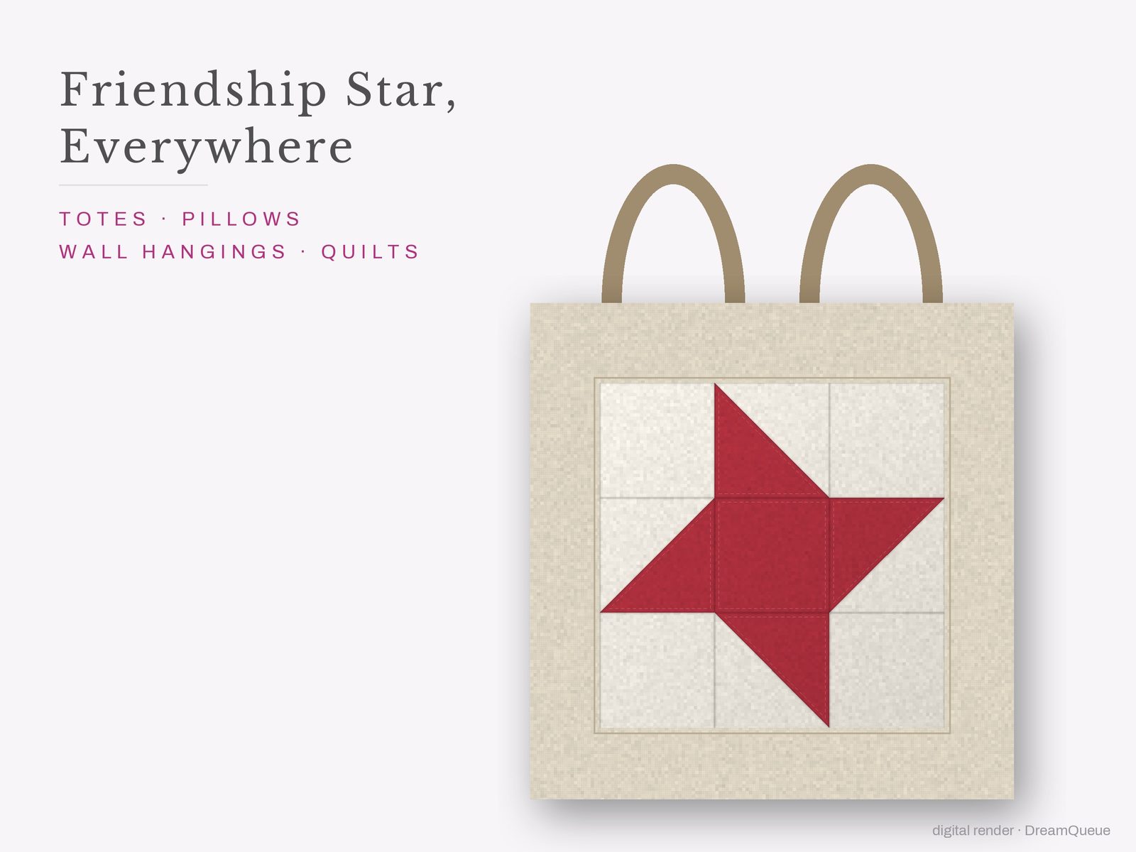 The Friendship Star quilt block sewn into a tote bag, one idea for totes, pillows, wall hangings and quilts