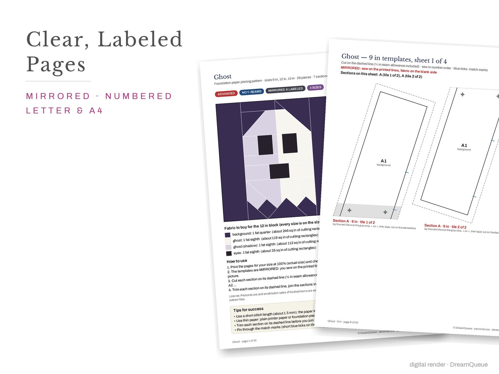Cover page and a mirrored, numbered template sheet from the Ghost quilt block FPP pattern