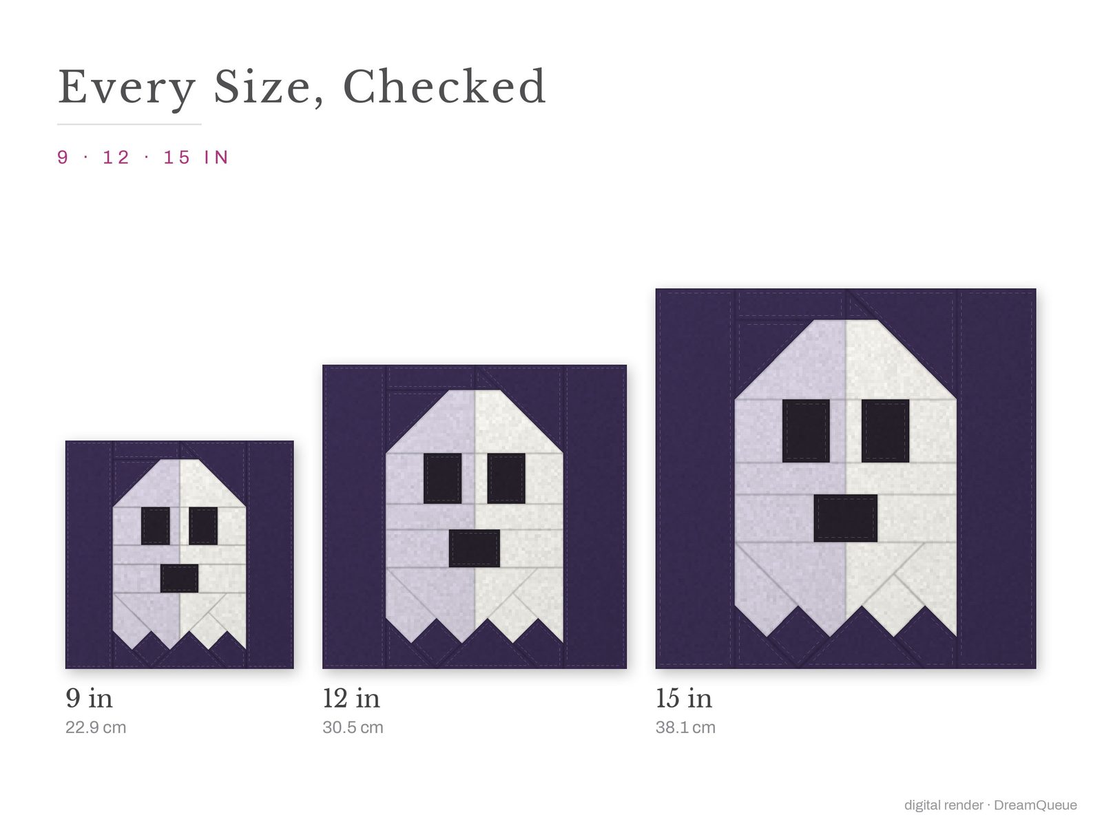 The Ghost quilt block at every finished size: 9, 12 and 15 inch