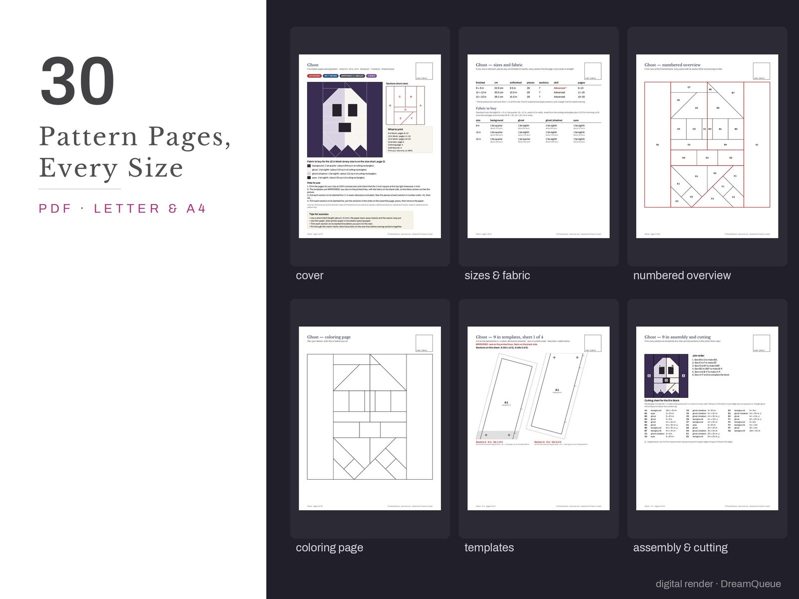Thumbnails of the Ghost quilt block pattern pages: cover, size and fabric chart, numbered overview, coloring page, templates, assembly and cutting chart