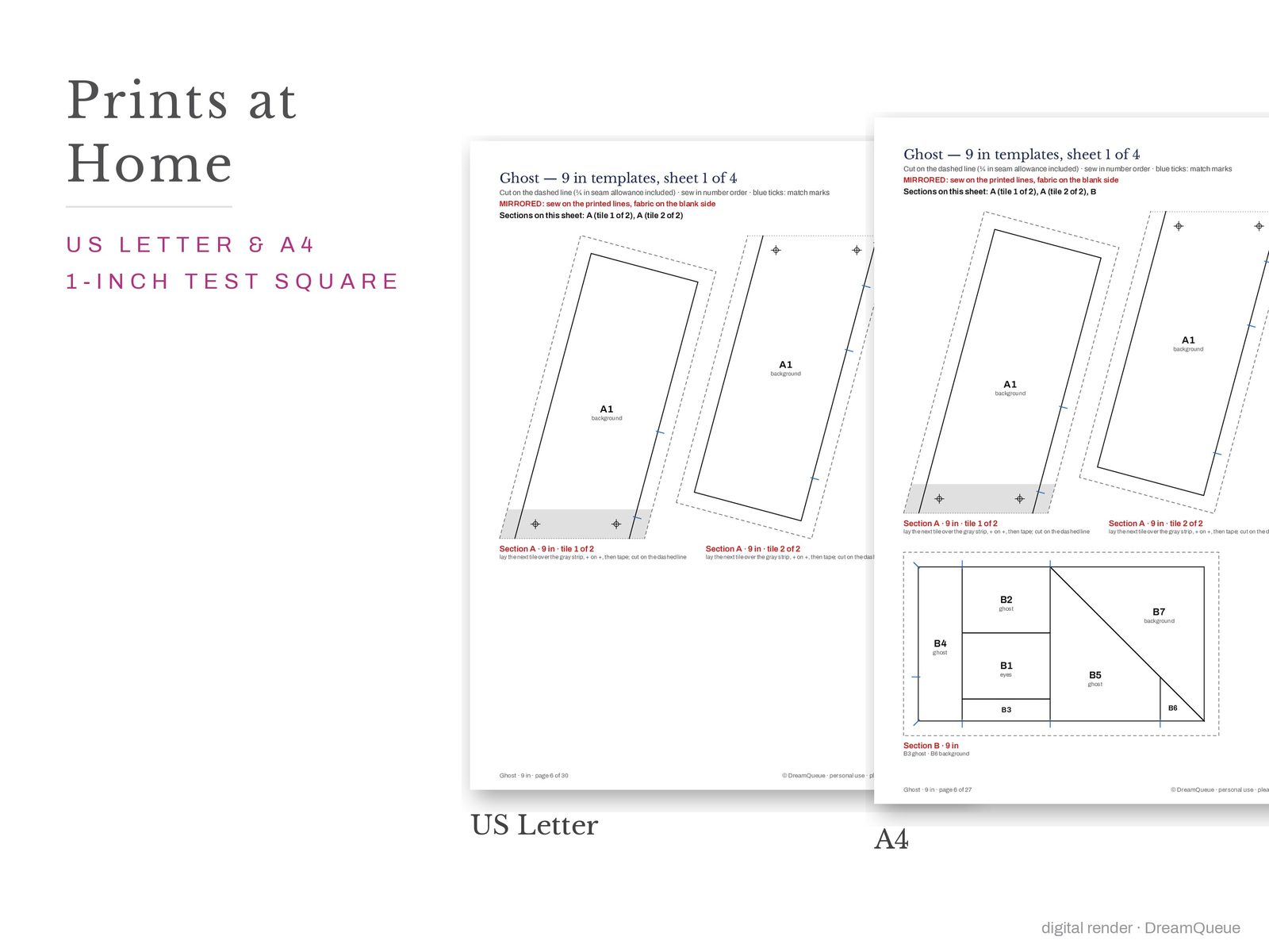 Ghost quilt block templates printed on US Letter and A4 paper with a 1-inch test square to check the print scale