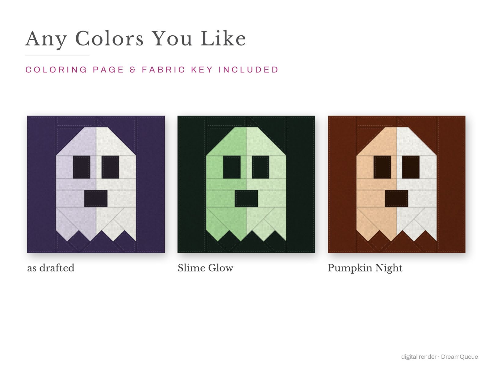 The Ghost quilt block in three colorways, as drafted, pastel and jewel tones; a coloring page and fabric key are included
