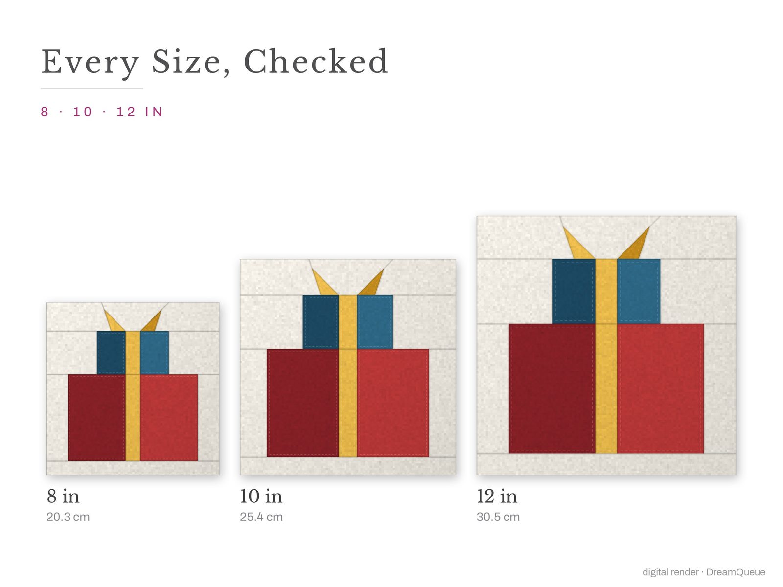 The Stacked Gifts quilt block at every finished size: 8, 10 and 12 inch