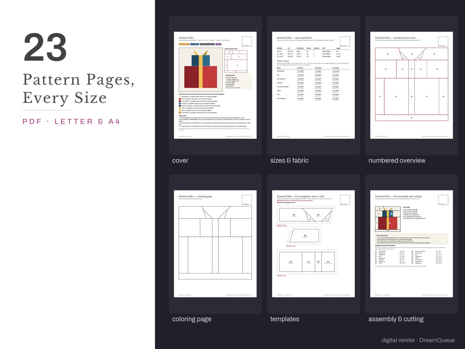 Thumbnails of the Stacked Gifts quilt block pattern pages: cover, size and fabric chart, numbered overview, coloring page, templates, assembly and cutting chart
