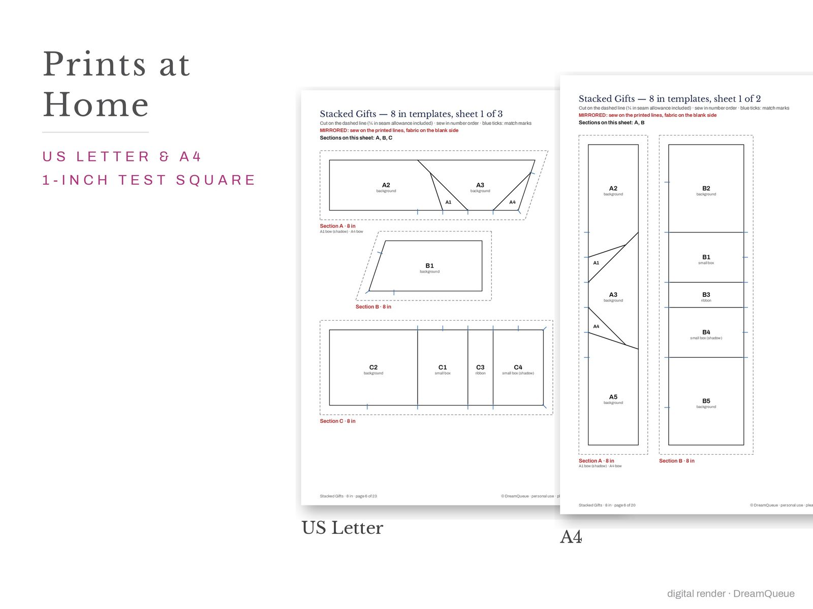Stacked gifts quilt block templates printed on US Letter and A4 paper with a 1-inch test square to check the print scale