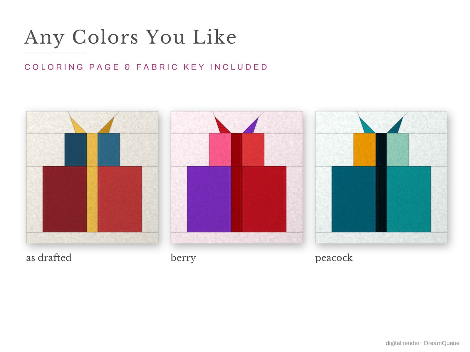 The Stacked Gifts quilt block in three colorways, as drafted, pastel and jewel tones; a coloring page and fabric key are included