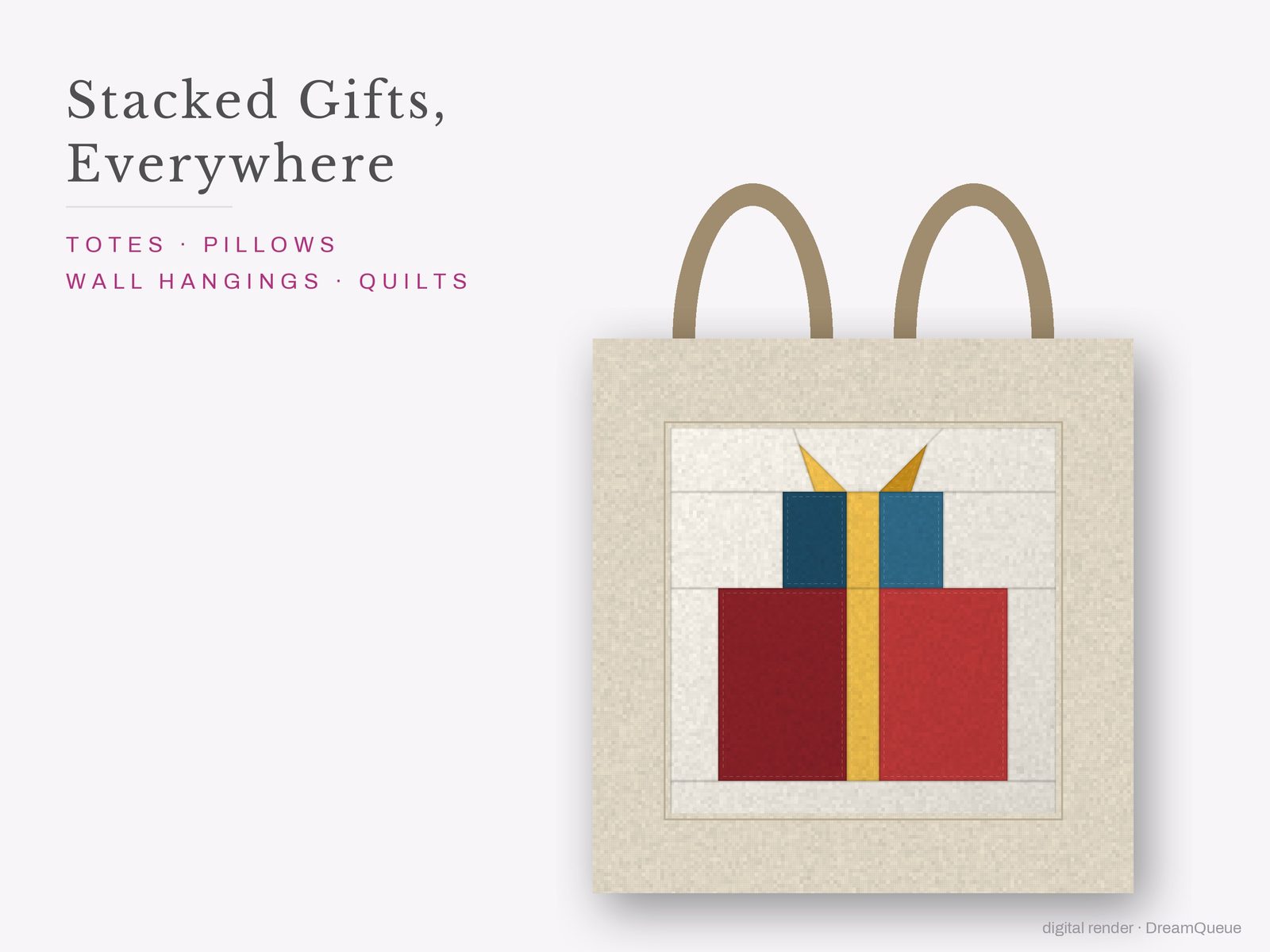 The Stacked Gifts quilt block sewn into a tote bag, one idea for totes, pillows, wall hangings and quilts