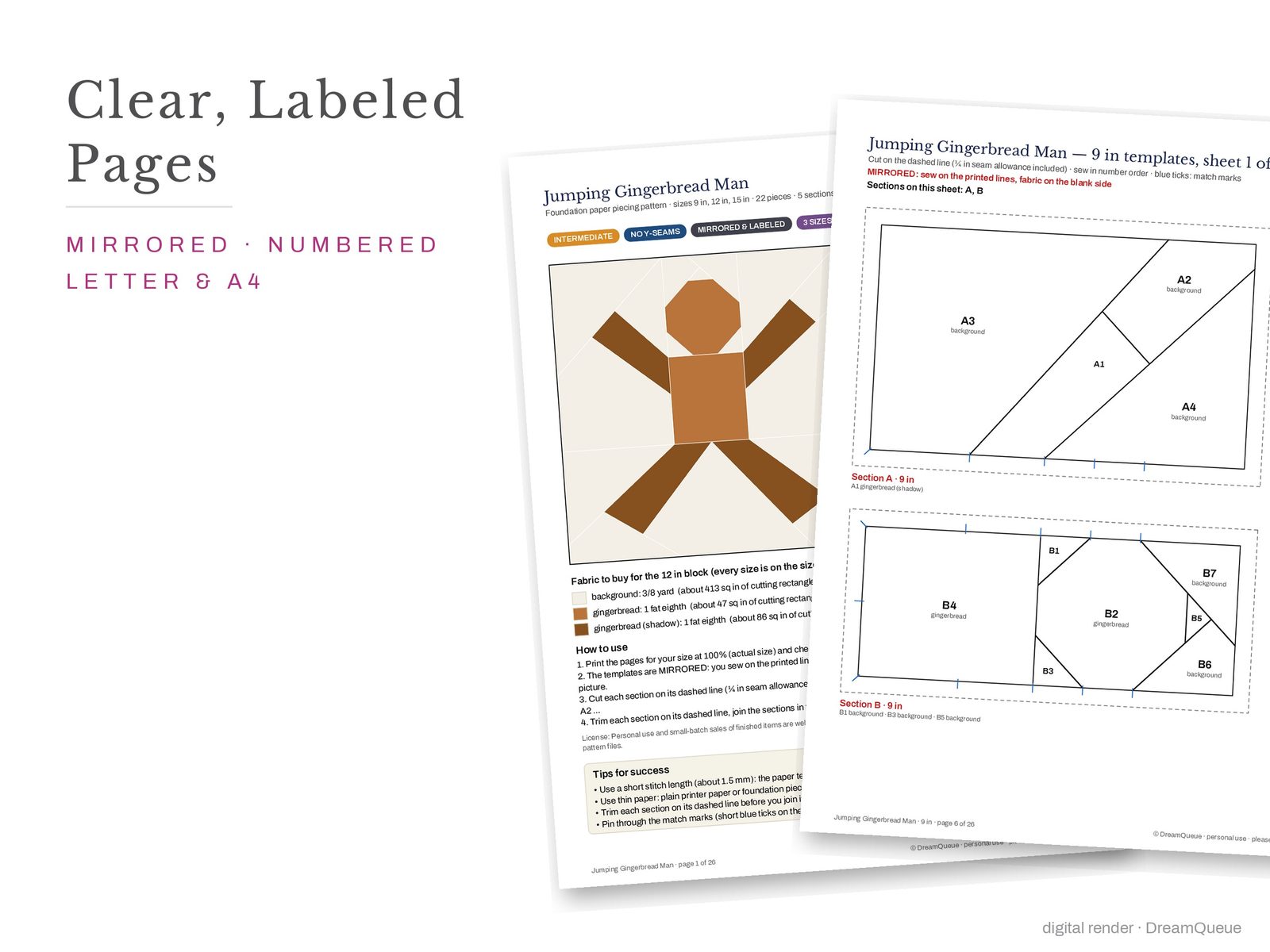 Cover page and a mirrored, numbered template sheet from the Jumping Gingerbread Man quilt block FPP pattern