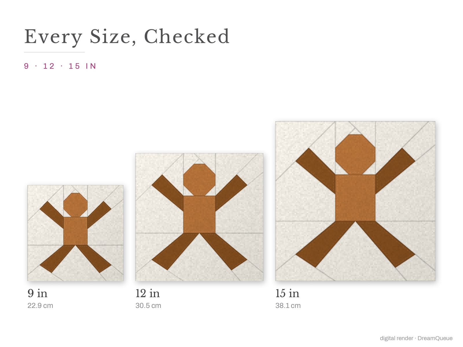 The Jumping Gingerbread Man quilt block at every finished size: 9, 12 and 15 inch