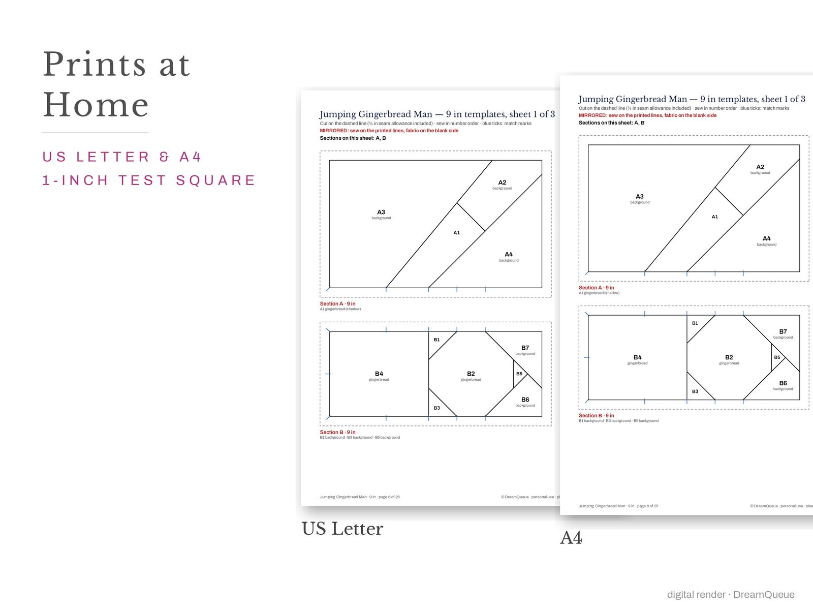 Jumping gingerbread man quilt block templates printed on US Letter and A4 paper with a 1-inch test square to check the print scale