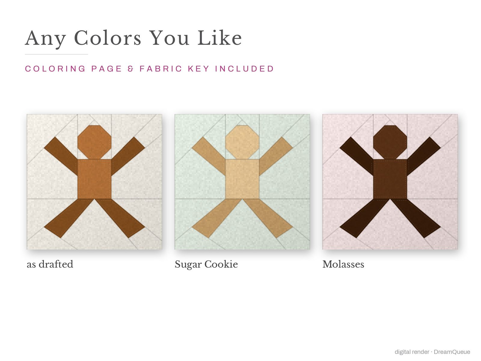 The Jumping Gingerbread Man quilt block in three colorways, as drafted, pastel and jewel tones; a coloring page and fabric key are included
