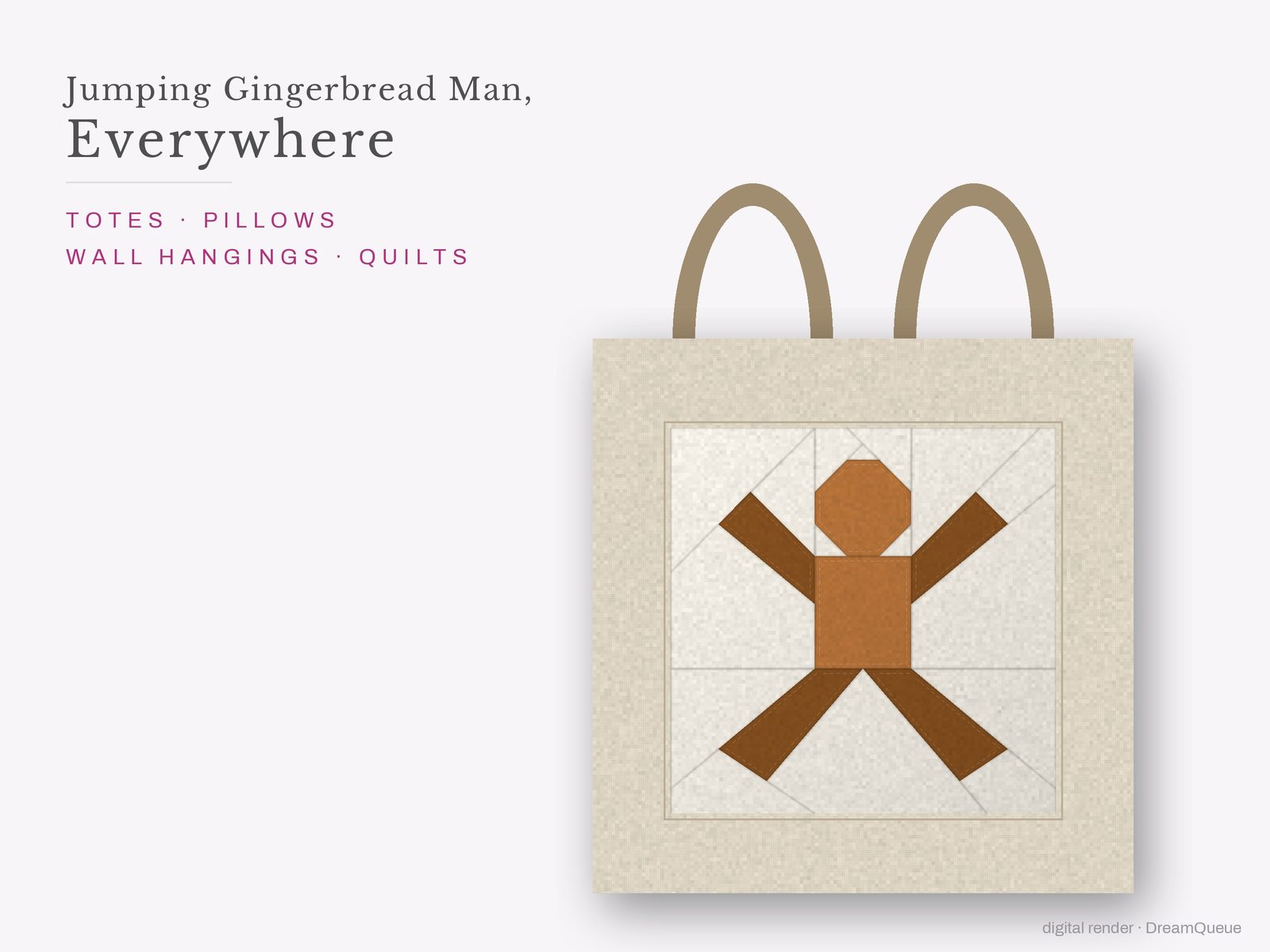 The Jumping Gingerbread Man quilt block sewn into a tote bag, one idea for totes, pillows, wall hangings and quilts