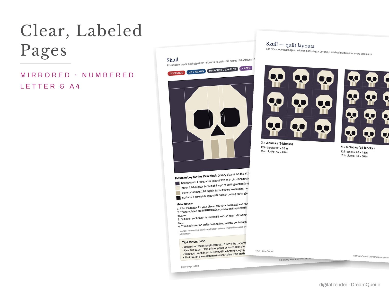 Cover page and a mirrored, numbered template sheet from the Goth bundle of 16 quilt blocks FPP pattern