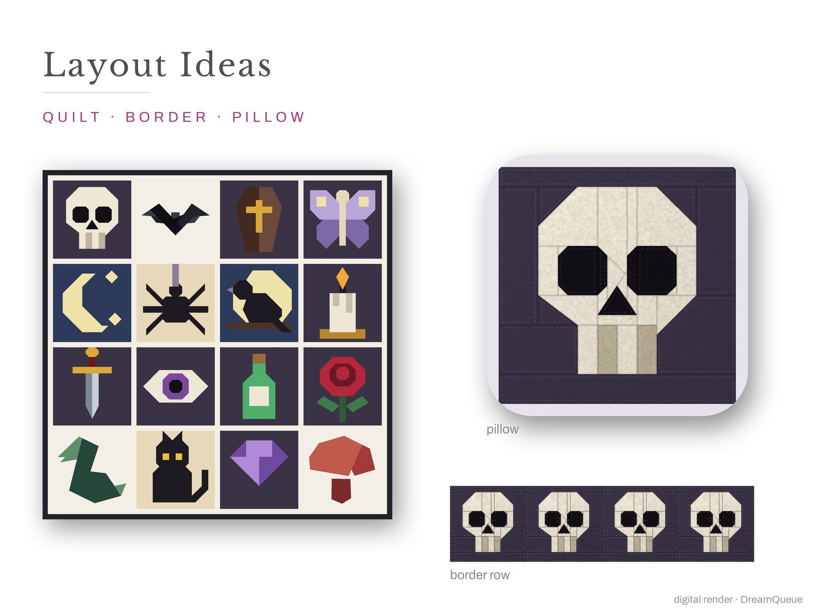 Layout ideas for the Goth bundle of 16 quilt blocks: a full quilt, a border row and a pillow
