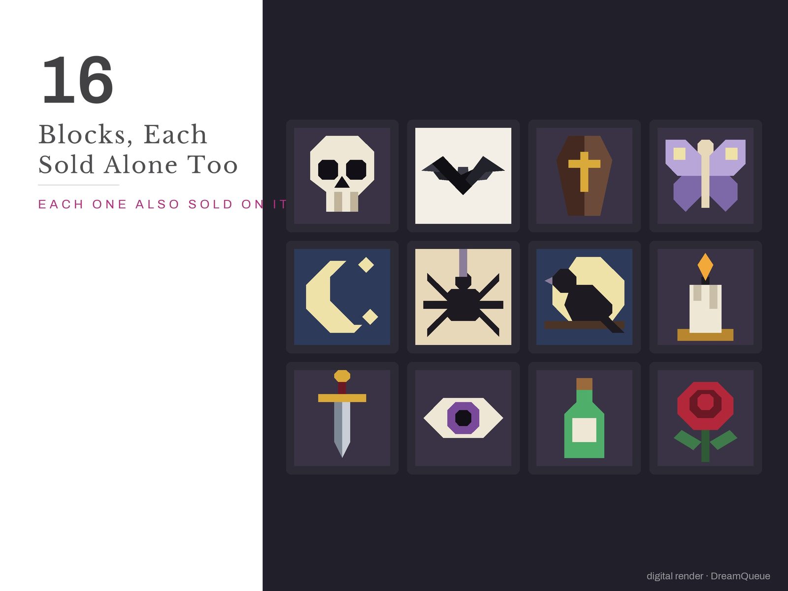 All 16 blocks in the Goth bundle: Skull, Bat, Coffin, Moth, Crescent Moon, Spider, Raven, Candle, Dagger, All-Seeing Eye, Potion Bottle, Rose, Snake, Black Cat, Crystal, Mushroom; each is also sold on its own