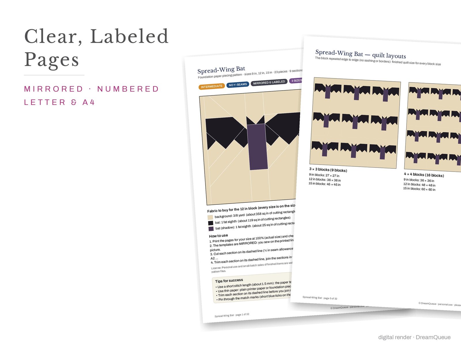 Cover page and a mirrored, numbered template sheet from the Goth Vol. 2 bundle of 9 quilt blocks FPP pattern