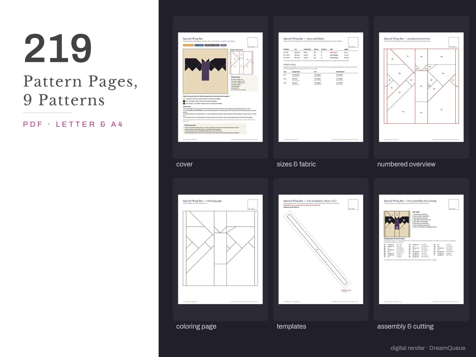 Thumbnails of the Goth Vol. 2 bundle of 9 quilt blocks pattern pages: cover, size and fabric chart, numbered overview, coloring page, templates, assembly and cutting chart