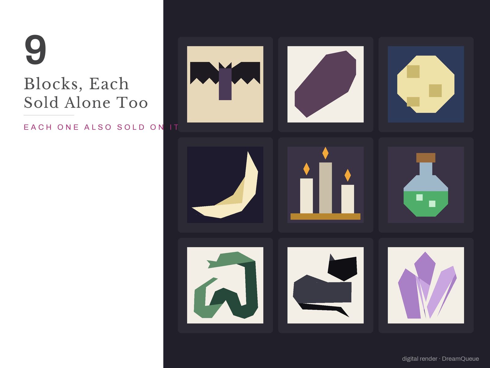 All 9 blocks in the Goth Vol. 2 bundle: Spread-Wing Bat, Tall Coffin, Full Moon, Slim Crescent Moon, Candle Trio, Potion Flask, Coiled Snake, Prowling Cat, Crystal Point; each is also sold on its own